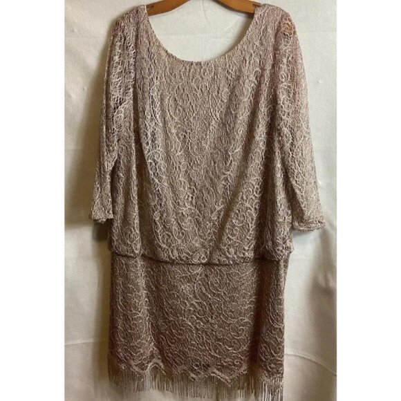 S.L. Fashions NWT Taupe Gold Crochet Blouson Fringe Hem Cocktail Dress, Size 20W - Picture 3 of 9